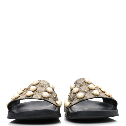 Gucci GG Supreme Monogram Pearls Slide Sandals 38 Beige 3 of 11