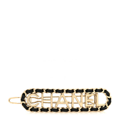 Chanel Metal Lambskin Vintage Allure Logo Hair Clip Black Gold 1 of 3