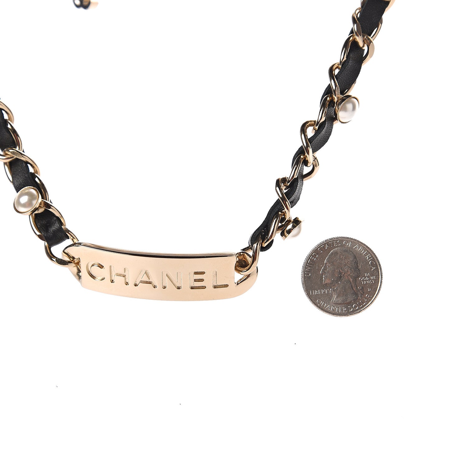 Metal Lambskin Pearl Name Plate Choker Necklace Black Gold