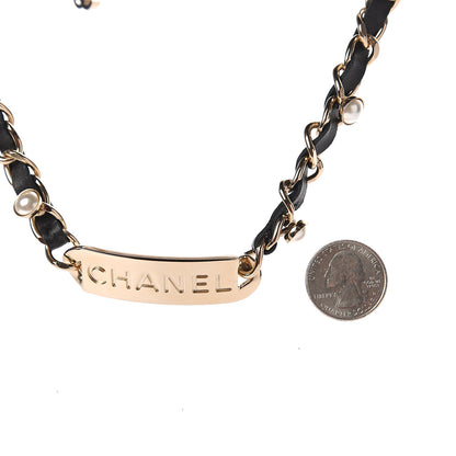 Chanel Metal Lambskin Pearl Name Plate Choker Necklace Black Gold 2 of 5