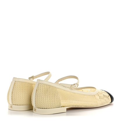 Chanel Crochet Lambskin Cap Toe Mary Jane Flats 38 Natural Beige Black 5 of 9