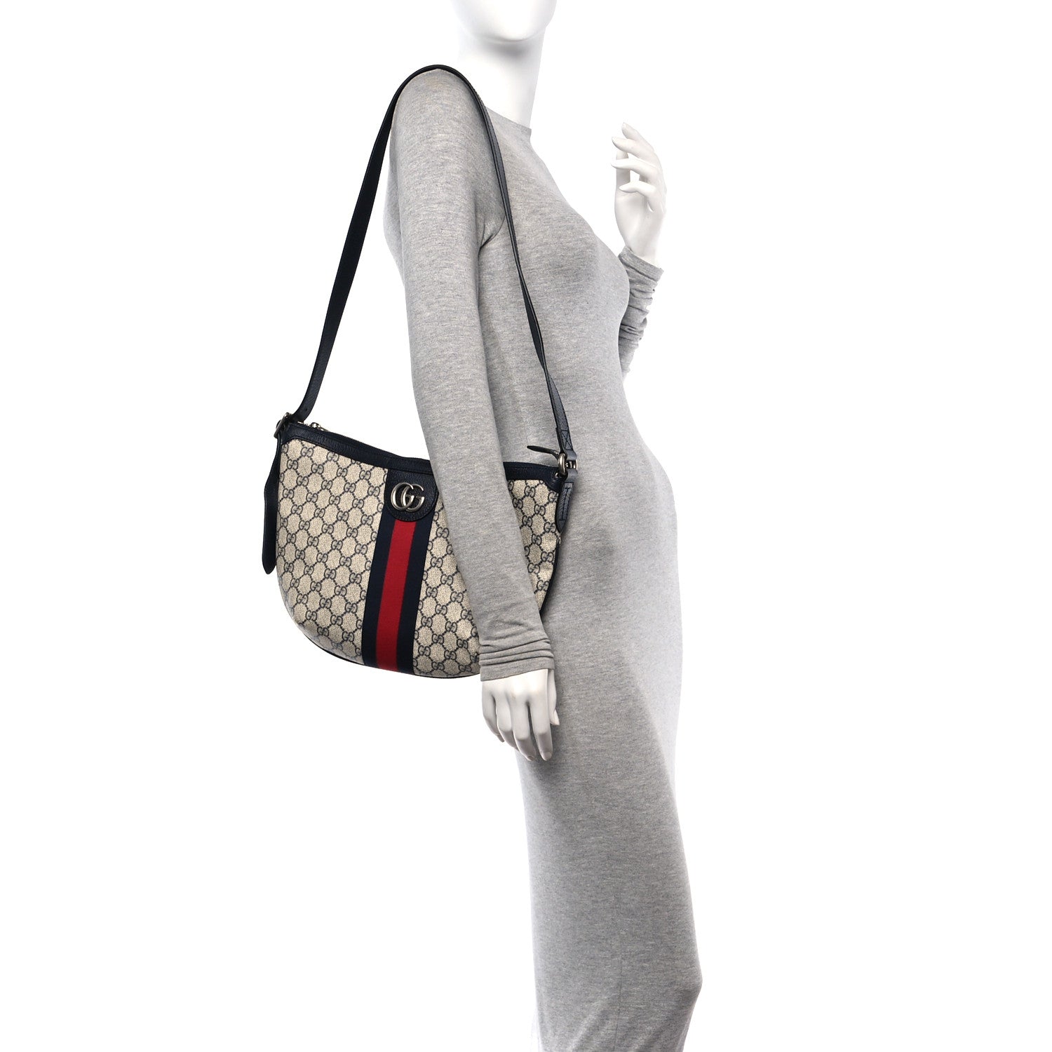 Gucci GG Supreme Monogram Textured Dollar Calfskin Web Small Ophidia Half Moon Hobo Beige Blue 2 of 10