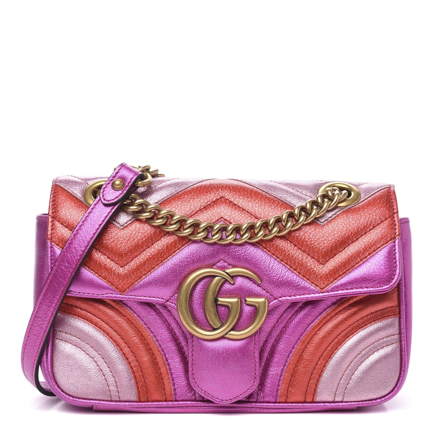 Gucci Metallic Calfskin Matelasse Mini GG Marmont Shoulder Bag Fuchsia 1 of 10