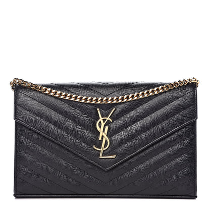 Saint Laurent Grain De Poudre Matelasse Chevron Monogram Chain Wallet Black 1 of 9