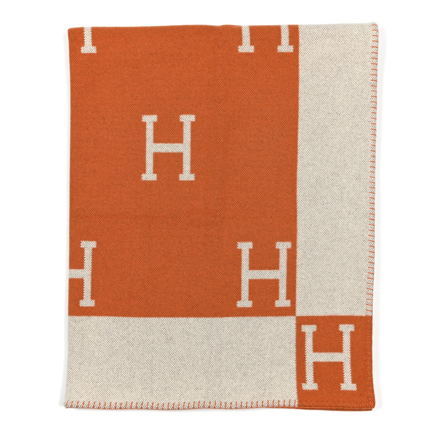 Hermes Wool Cashmere Signature Classic Avalon Blanket Ecru Potiron 1 of 3