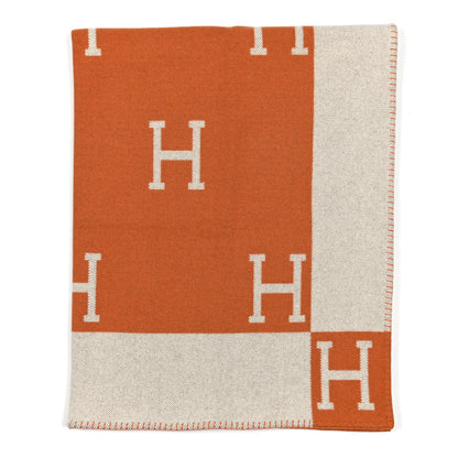 Hermes Wool Cashmere Signature Classic Avalon Blanket Ecru Potiron 1 of 3