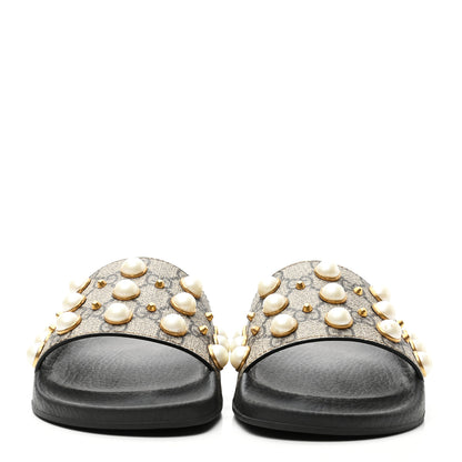 Gucci GG Supreme Monogram Pearls Slide Sandals 38 Beige 2 of 9
