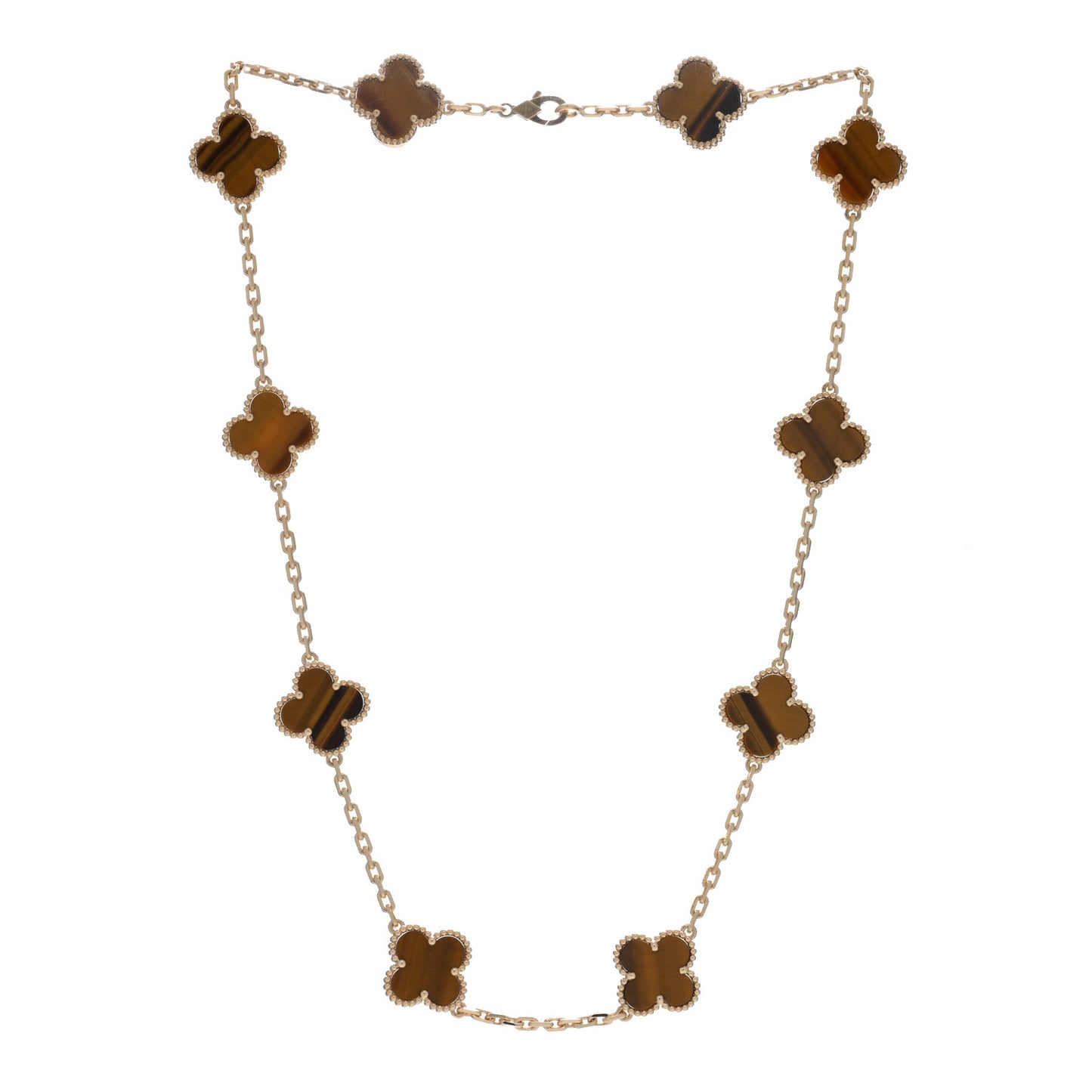18K Yellow Gold Tiger Eye 10 Motifs Vintage Alhambra Necklace