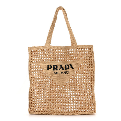 Prada Yarn Raffia Effect Crochet Logo Embroidered Tote Bag Naturale 1 of 9