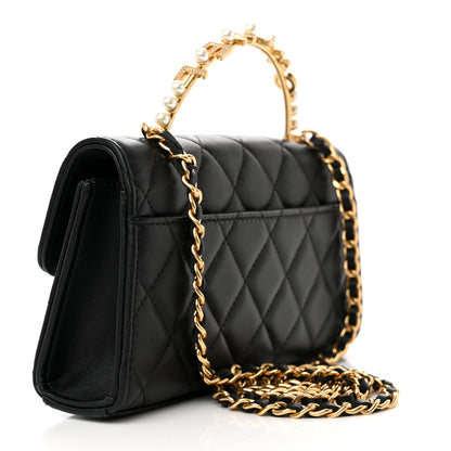 Chanel Lambskin Pearl Crystal Quilted Pearly Girl Handle Flap Phone Holder With Chain Black 3 of 12