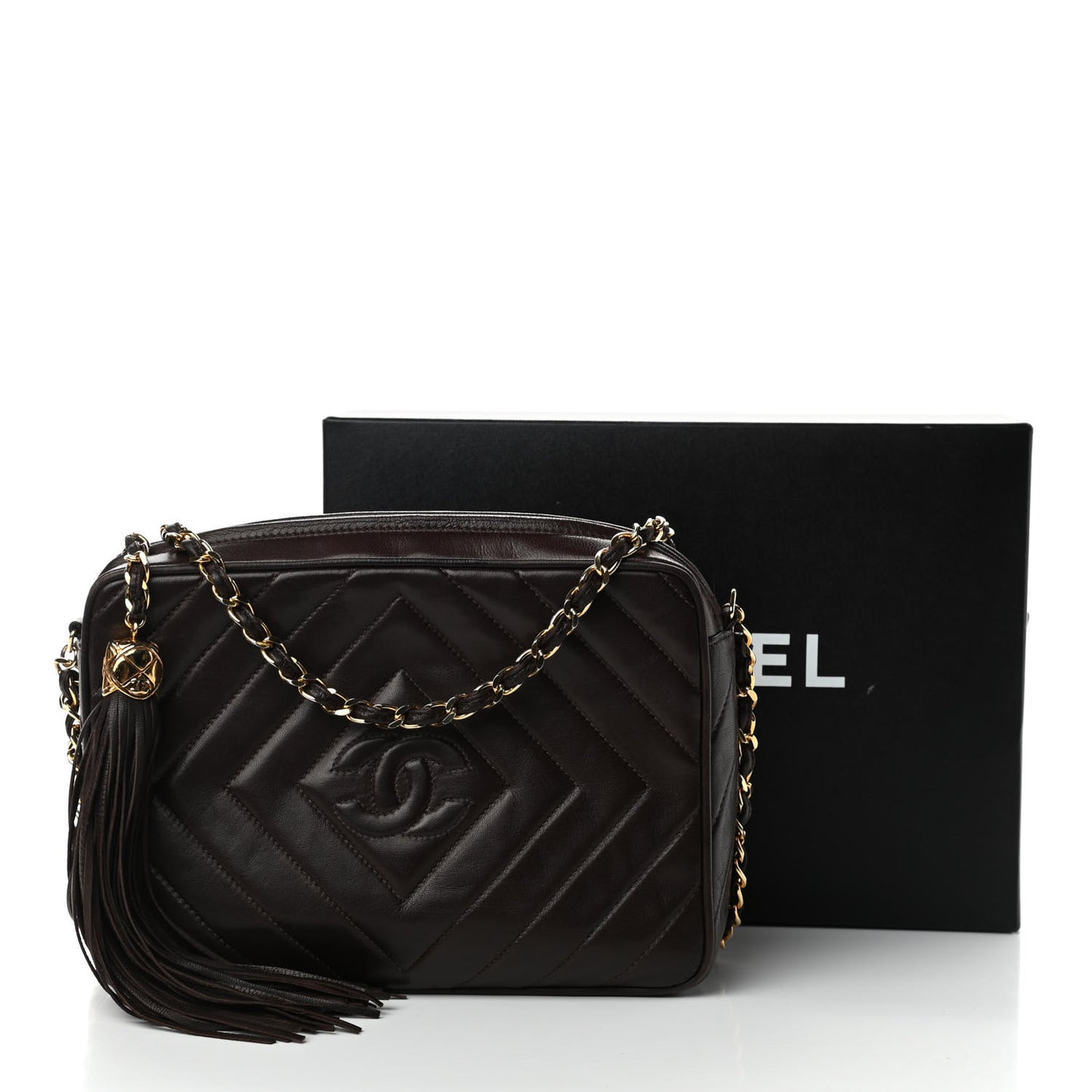 Lambskin Chevron Quilted Tassel Camera Case Brown