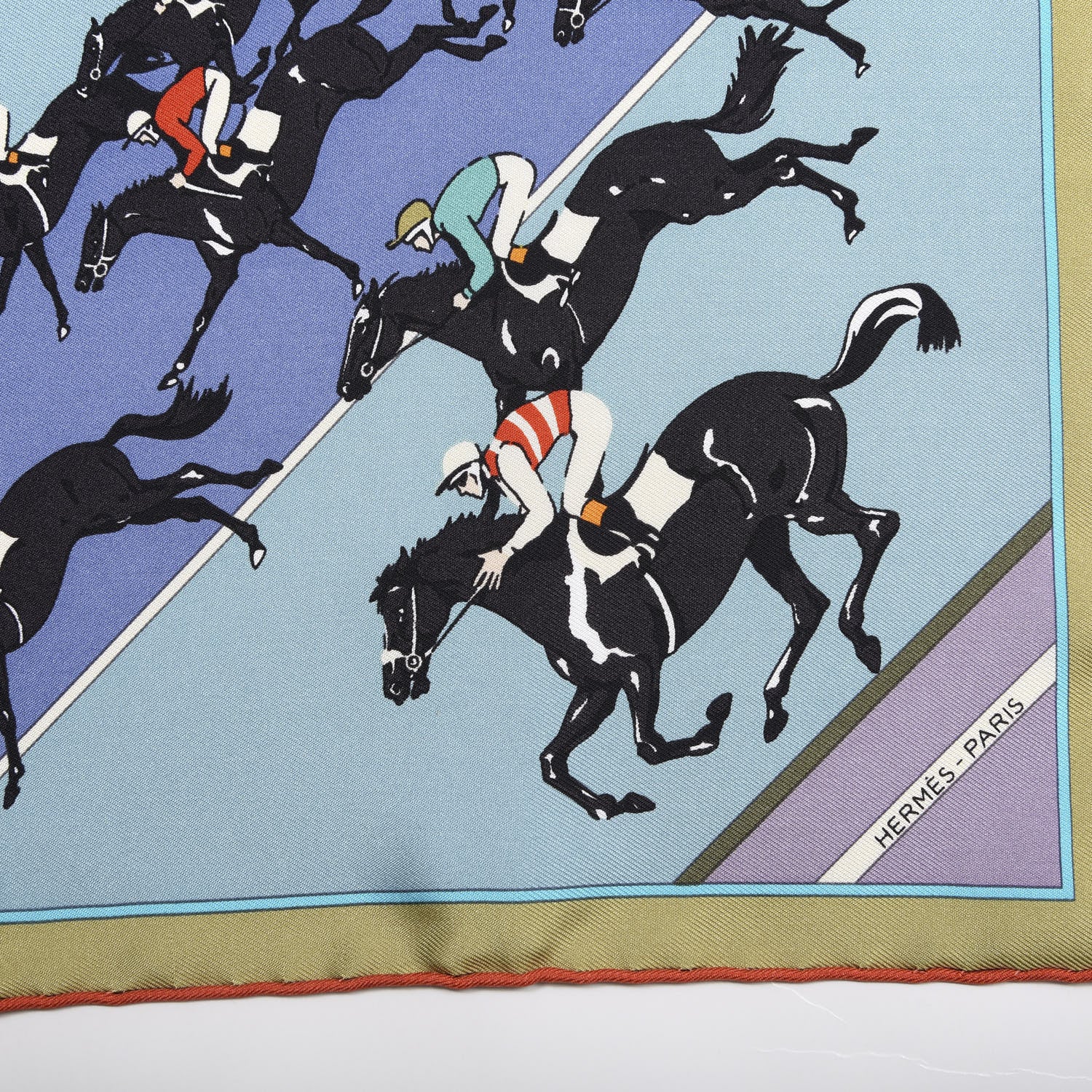 Hermes Silk Les Courses Pocket Square Parme Gris Bleu Fuchsia 2 of 4
