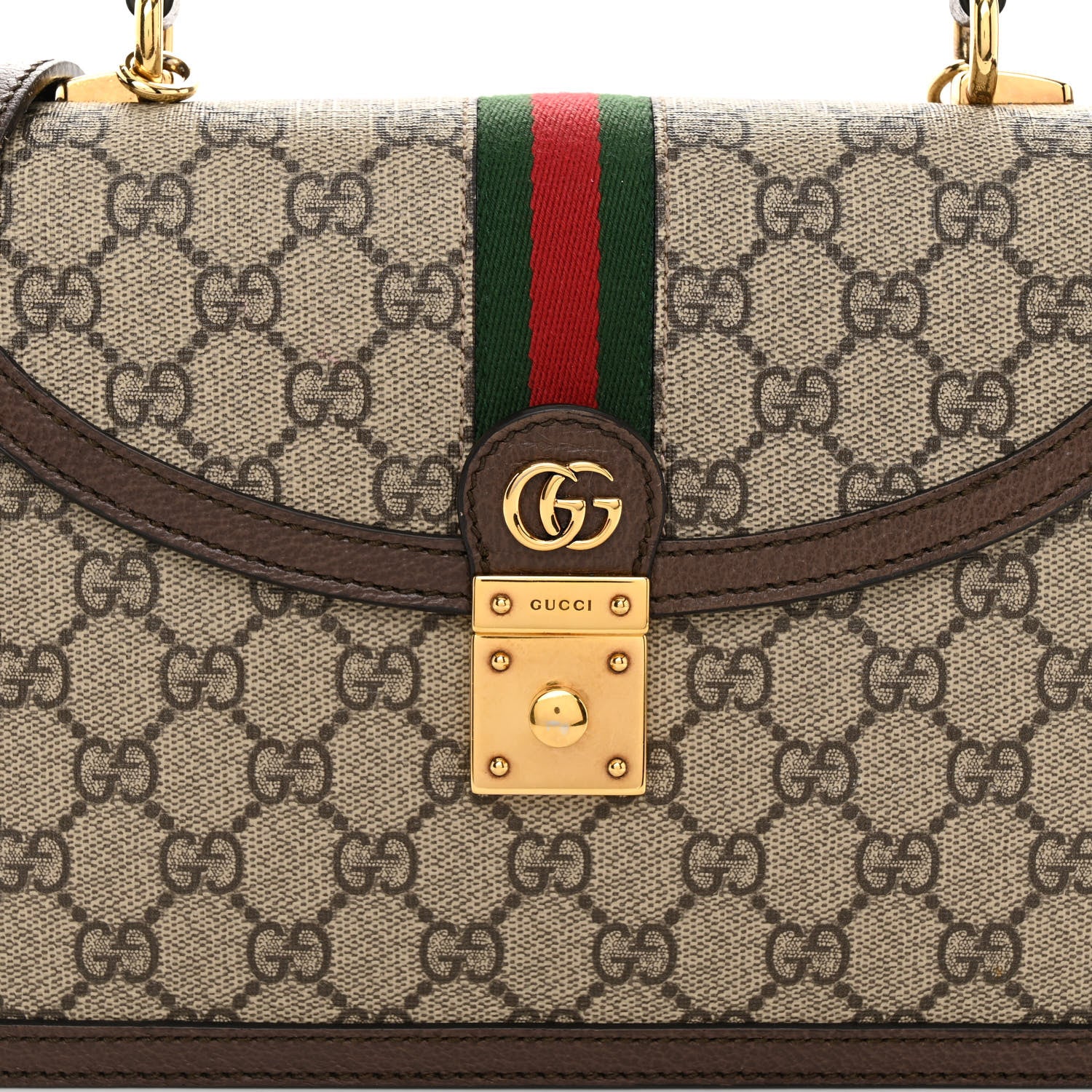 Gucci GG Supreme Monogram Textured Dollar Calfskin Web Small Ophidia Padlock Top Handle Bag Beige Ebony New Acero 7 of 9