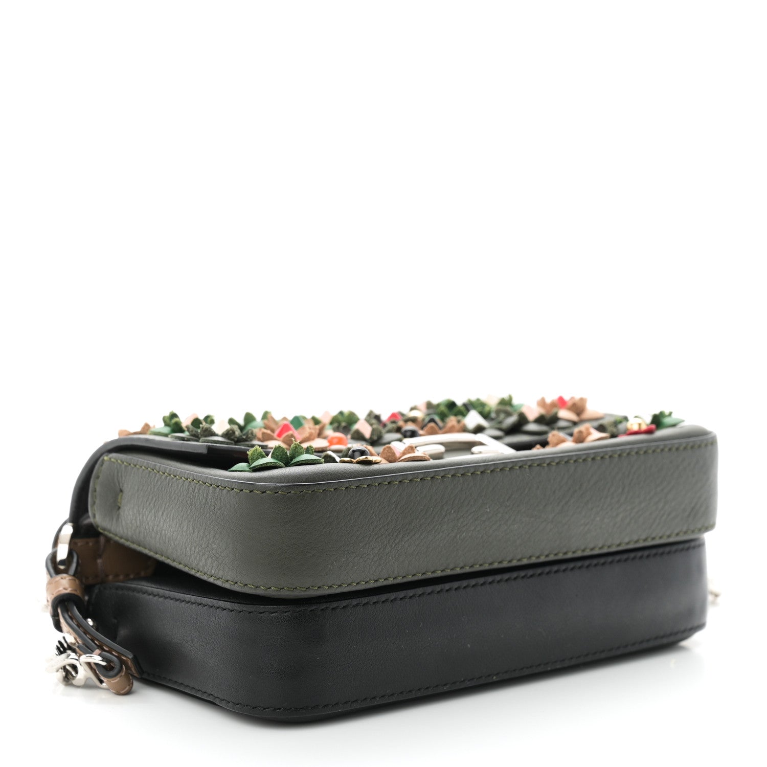 Fendi Vitello Dolce Crystal Flowerland Bi-Color Micro Double Baguette Verde Prato Black 4 of 10