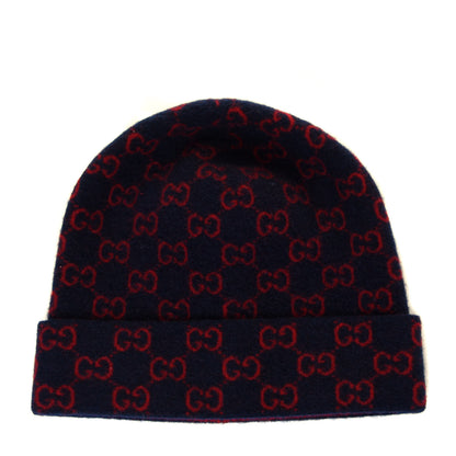 Gucci Wool GG Monogram Fog Tricot Beanie Hat XL Midnight Blue Red 1 of 3