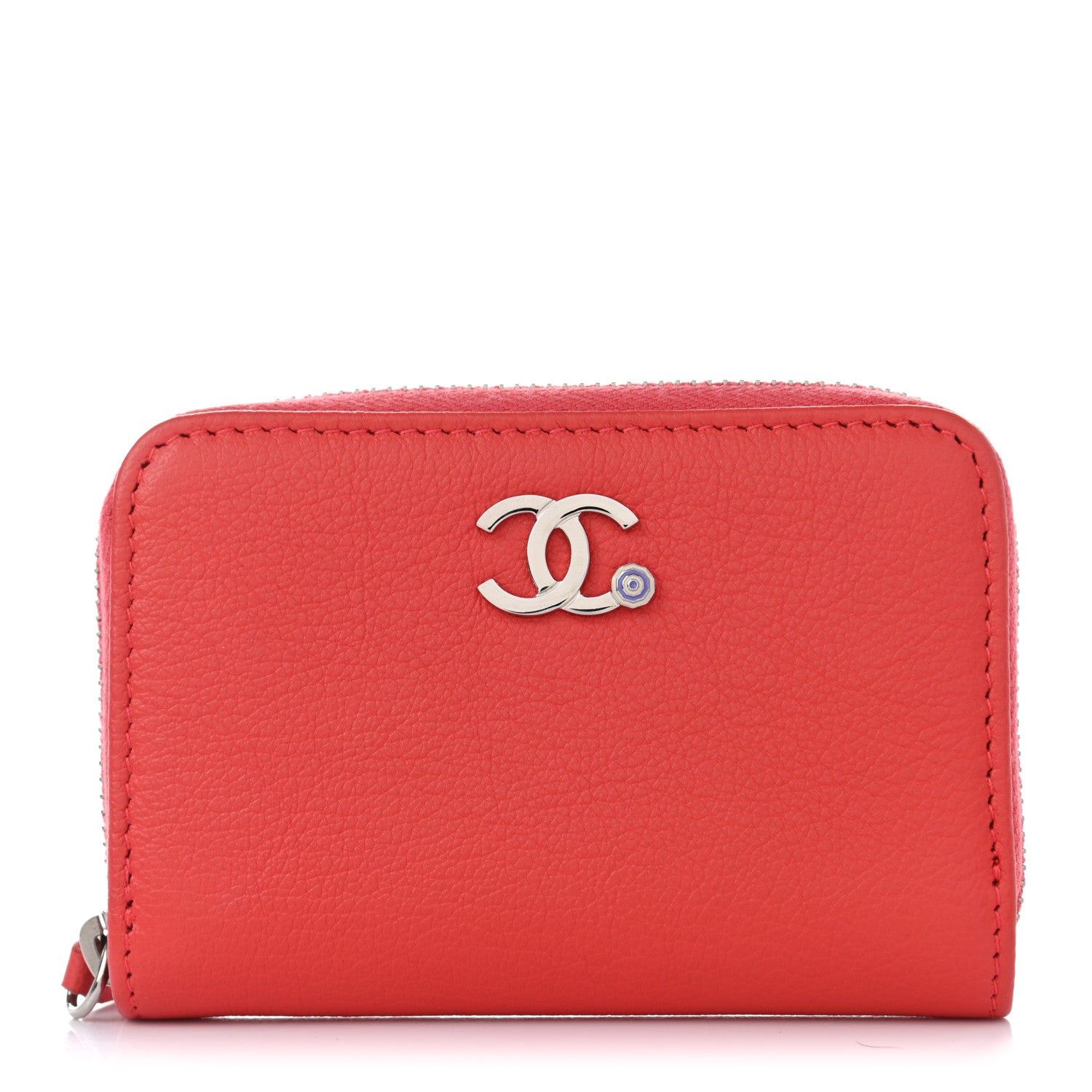 Chanel Goatskin Camellia Zip Coin Purse Coral 1 of 7