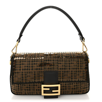 Fendi Fabric Jacquard Paillettes Vitello Seta FF 1974 Baguette Testa di Moro Real Ebano 1 of 10