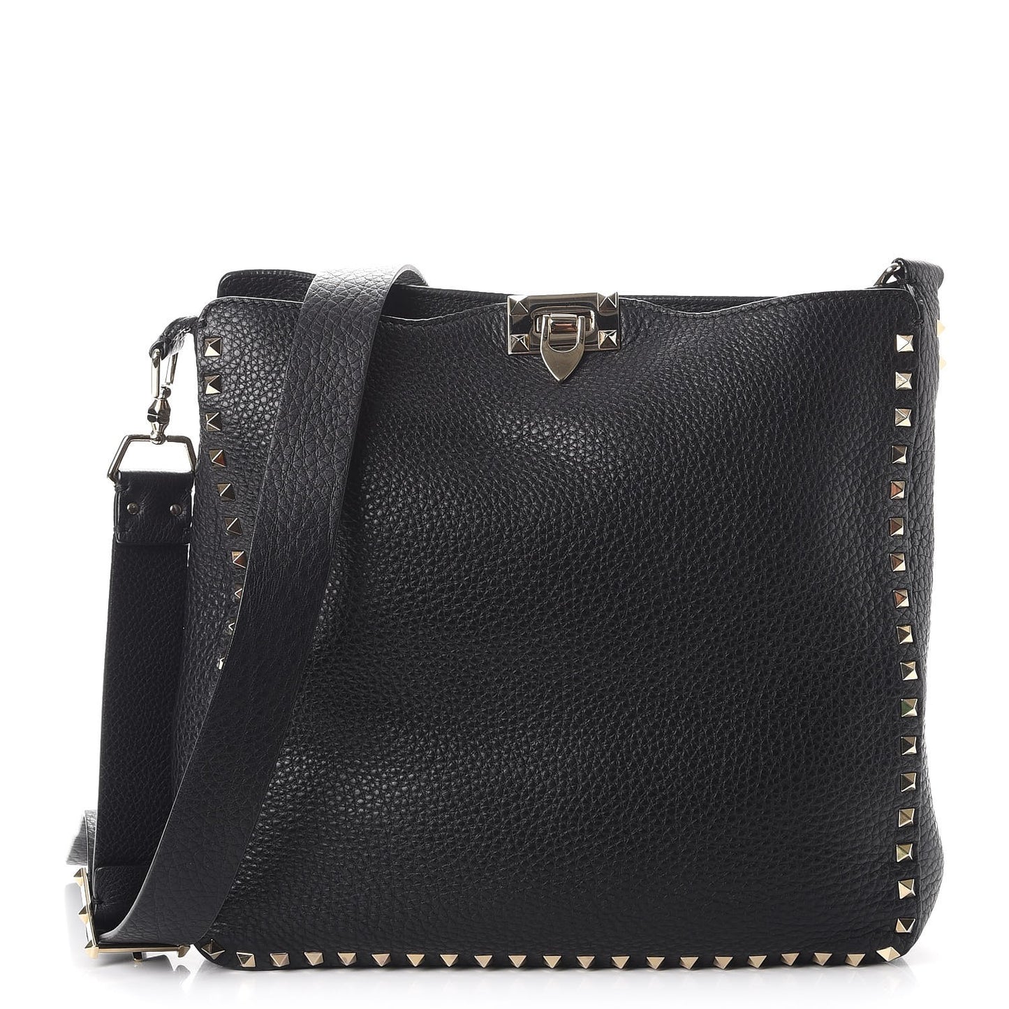 Pebbled Calfskin Large Rockstud Flip-Lock Messenger Bag Black