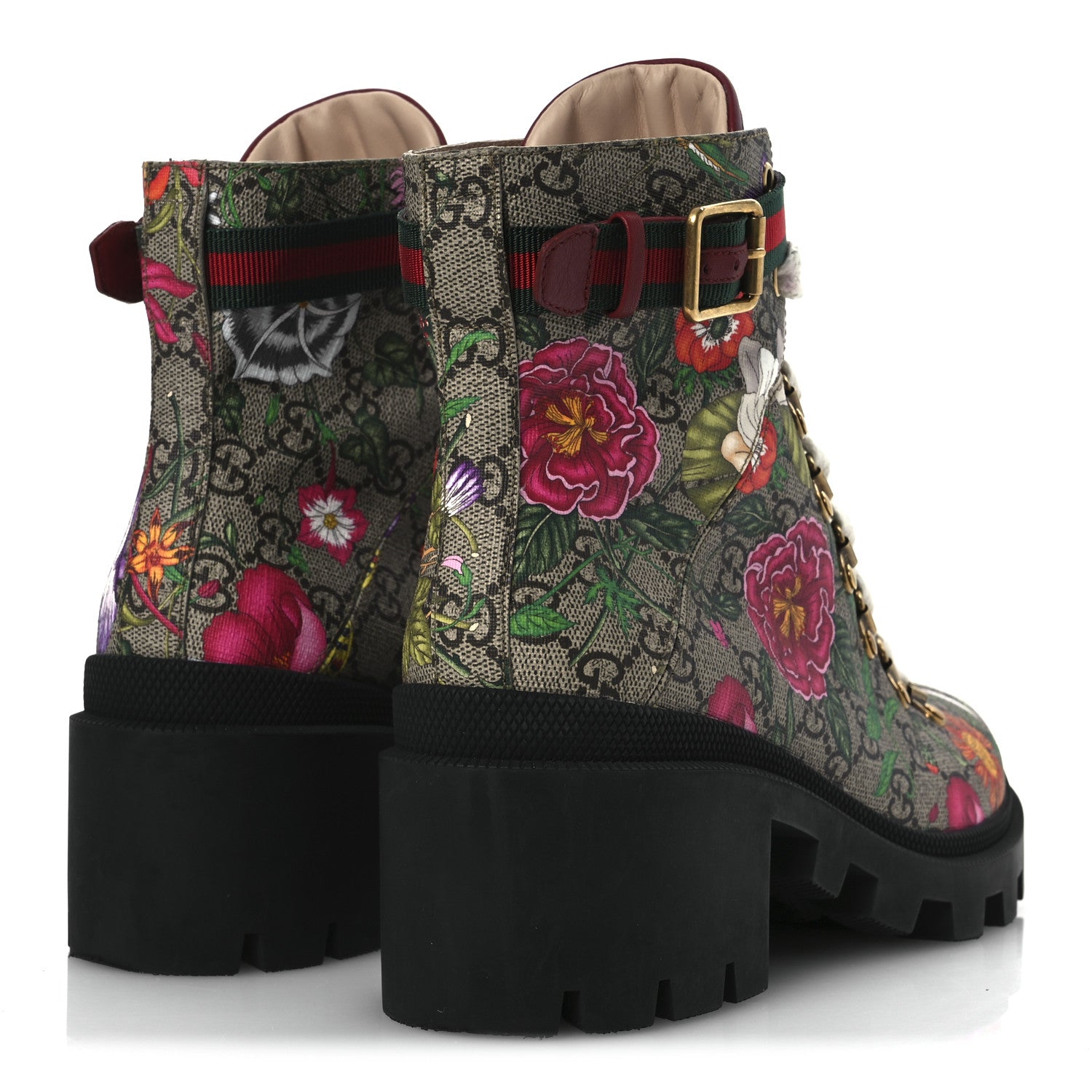 Gucci GG Supreme Monogram Flora Lace Up Combat Ankle Boots 40 Beige Multicolor Red 5 of 14