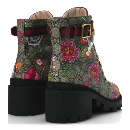 Gucci GG Supreme Monogram Flora Lace Up Combat Ankle Boots 40 Beige Multicolor Red 5 of 14
