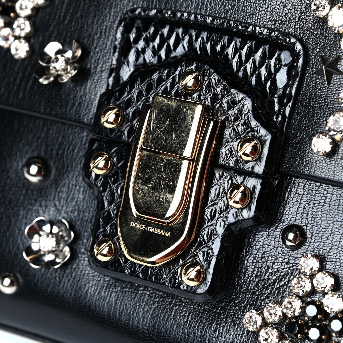 Calfskin Embellished Lucia Top Handle Bag Black
