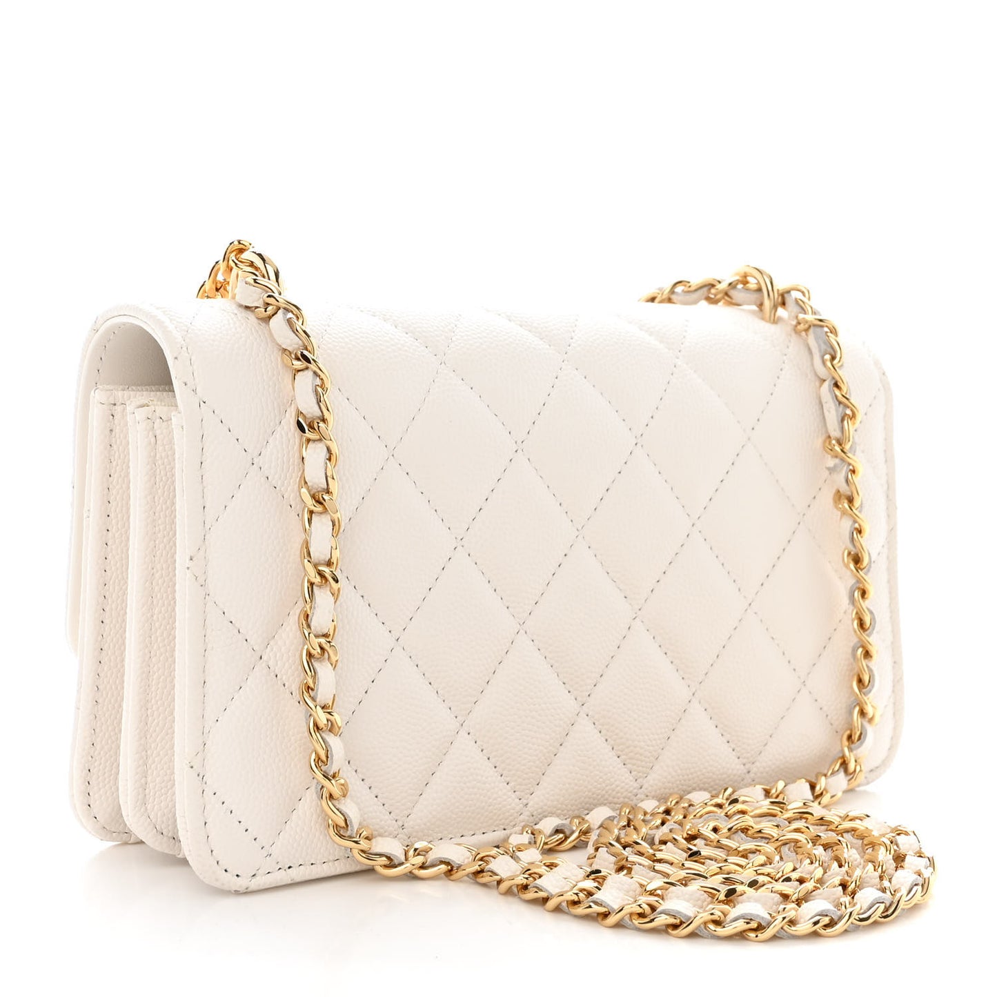 Shiny Caviar Quilted Flap Charm Wallet On Chain WOC White