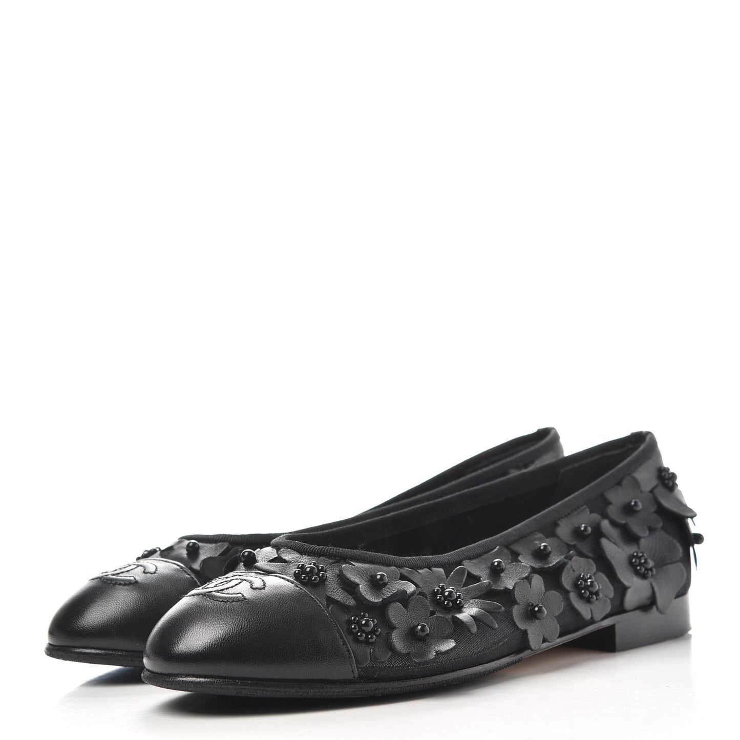 Canvas Lambskin Beaded Camellia Cap Toe Ballerina Flats 37 Black