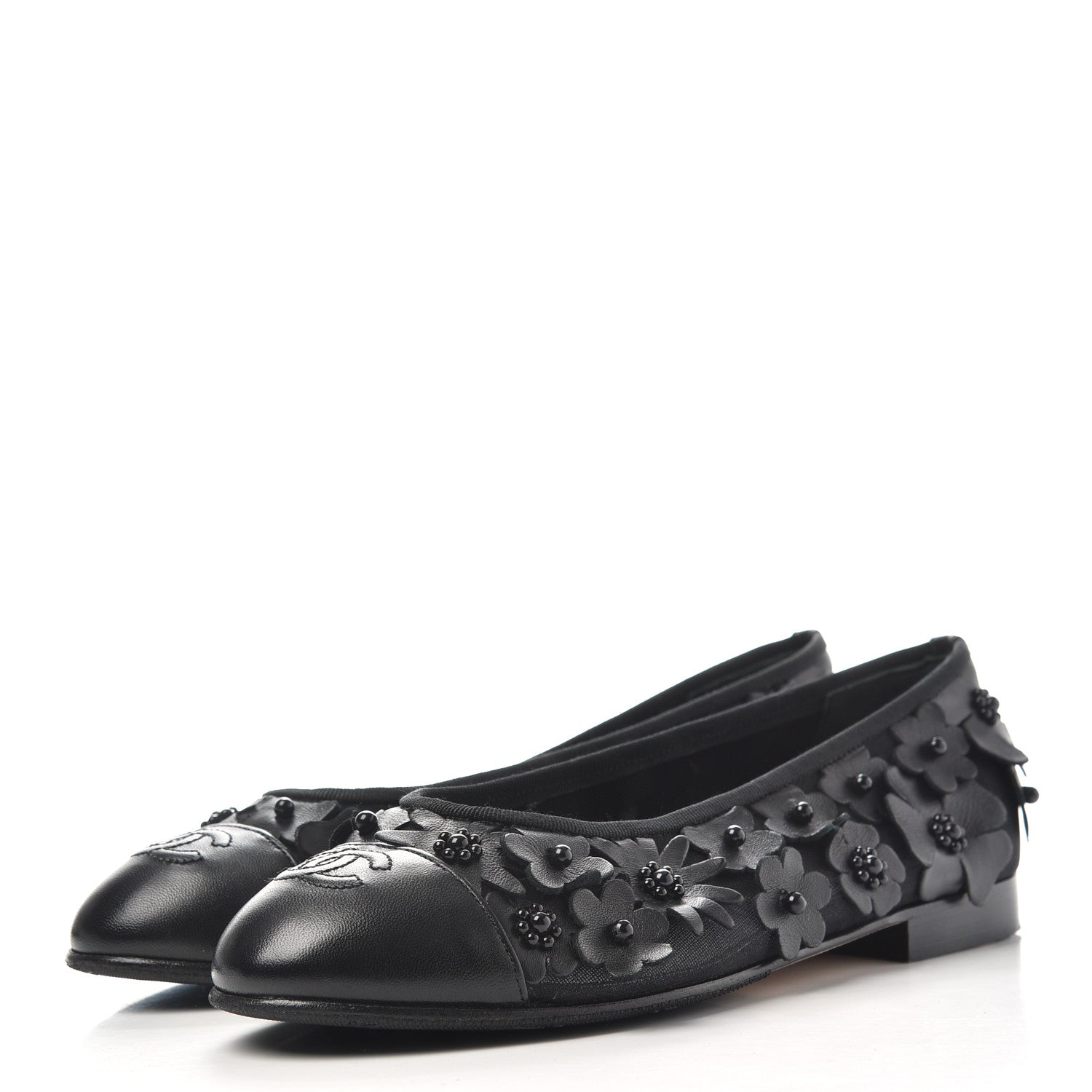 Chanel Canvas Lambskin Beaded Camellia Cap Toe Ballerina Flats 37 Black 3 of 9