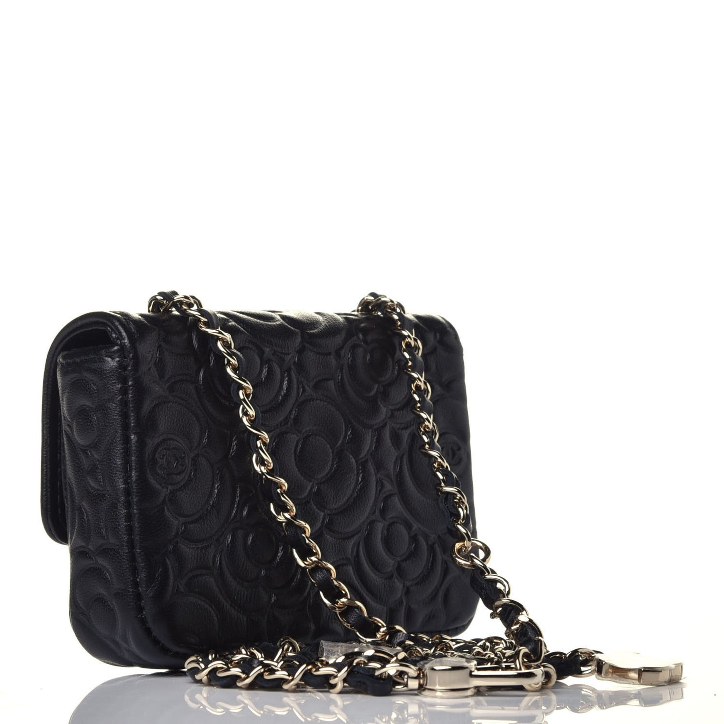 Caviar Camellia Embossed Chain Belt Bag Black