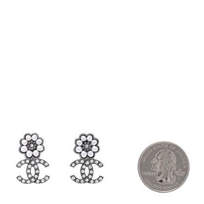 Chanel Pearl Crystal CC Flower Earrings Silver 2 of 5