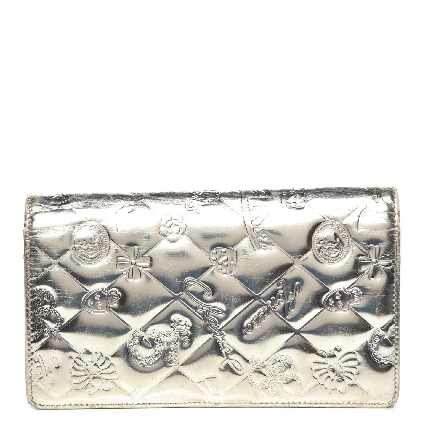 Metallic Patent Calfskin Quilted Lucky Symbols Yen Wallet Gold