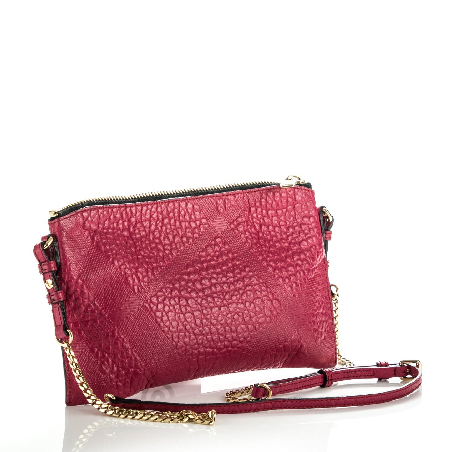 Signature Grain Calfskin Check Embossed Peyton Crossbody Clutch Bag Vibrant Fuchsia