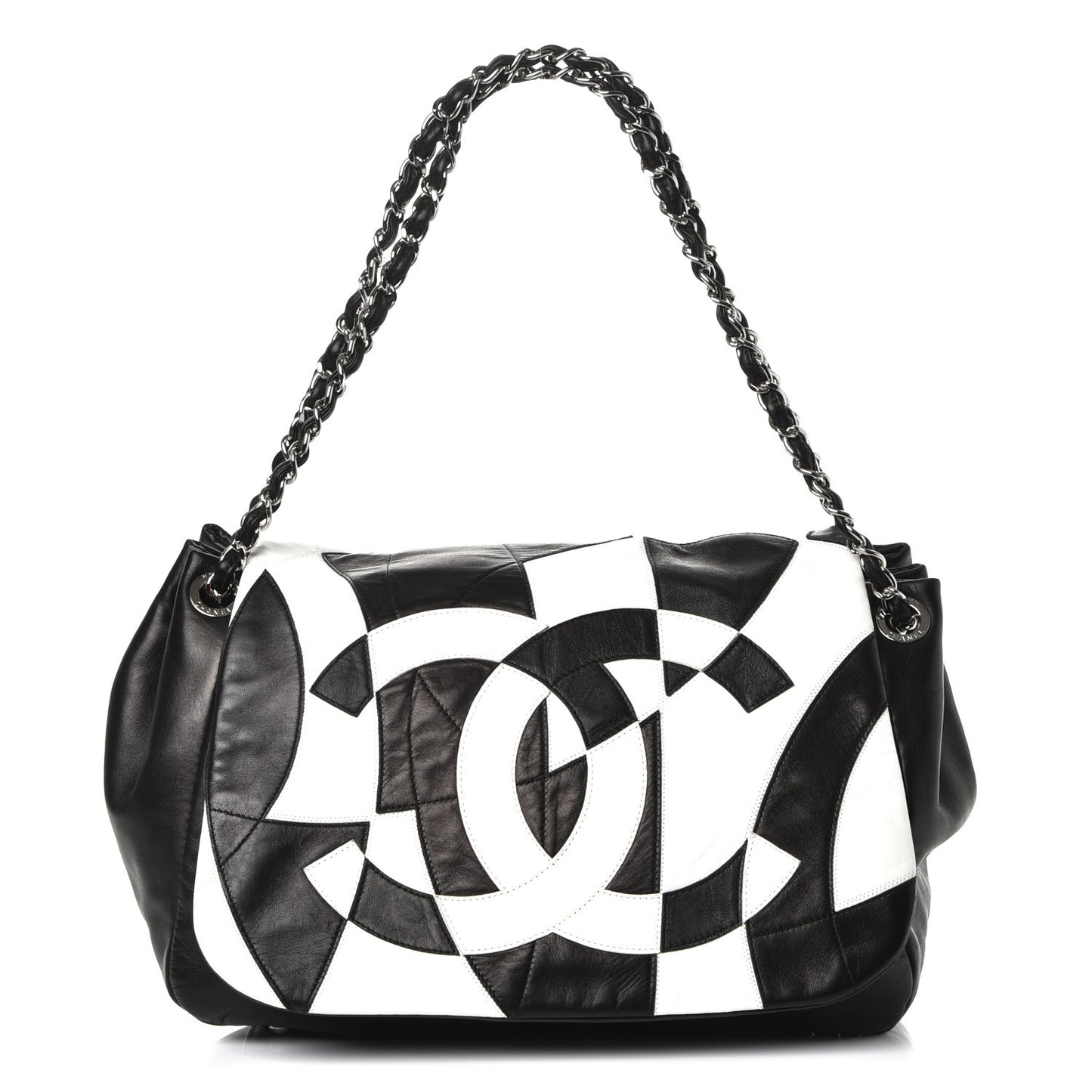 Lambskin Patchwork Accordion Flap Black White
