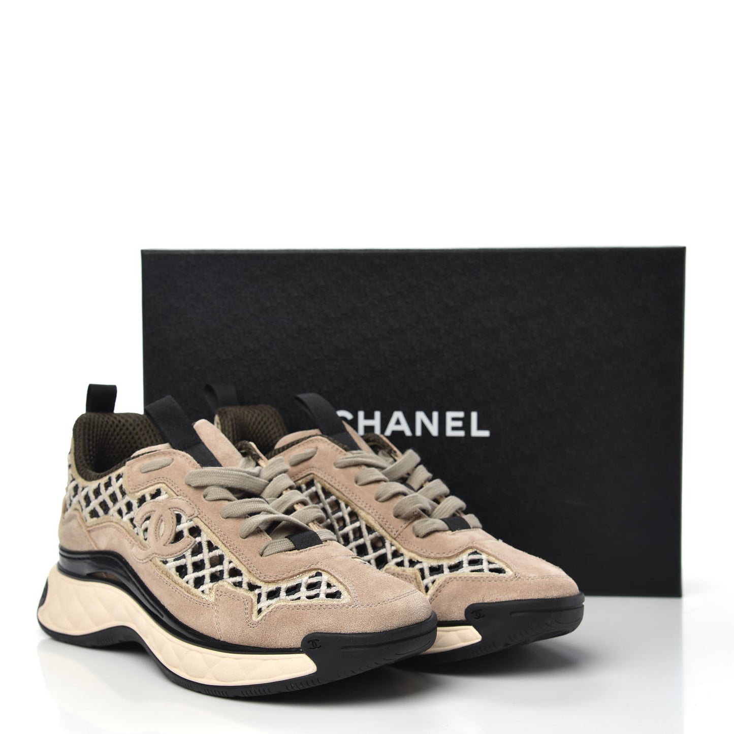 Suede Calfskin Embroidered CC Sneakers 38 Beige Black
