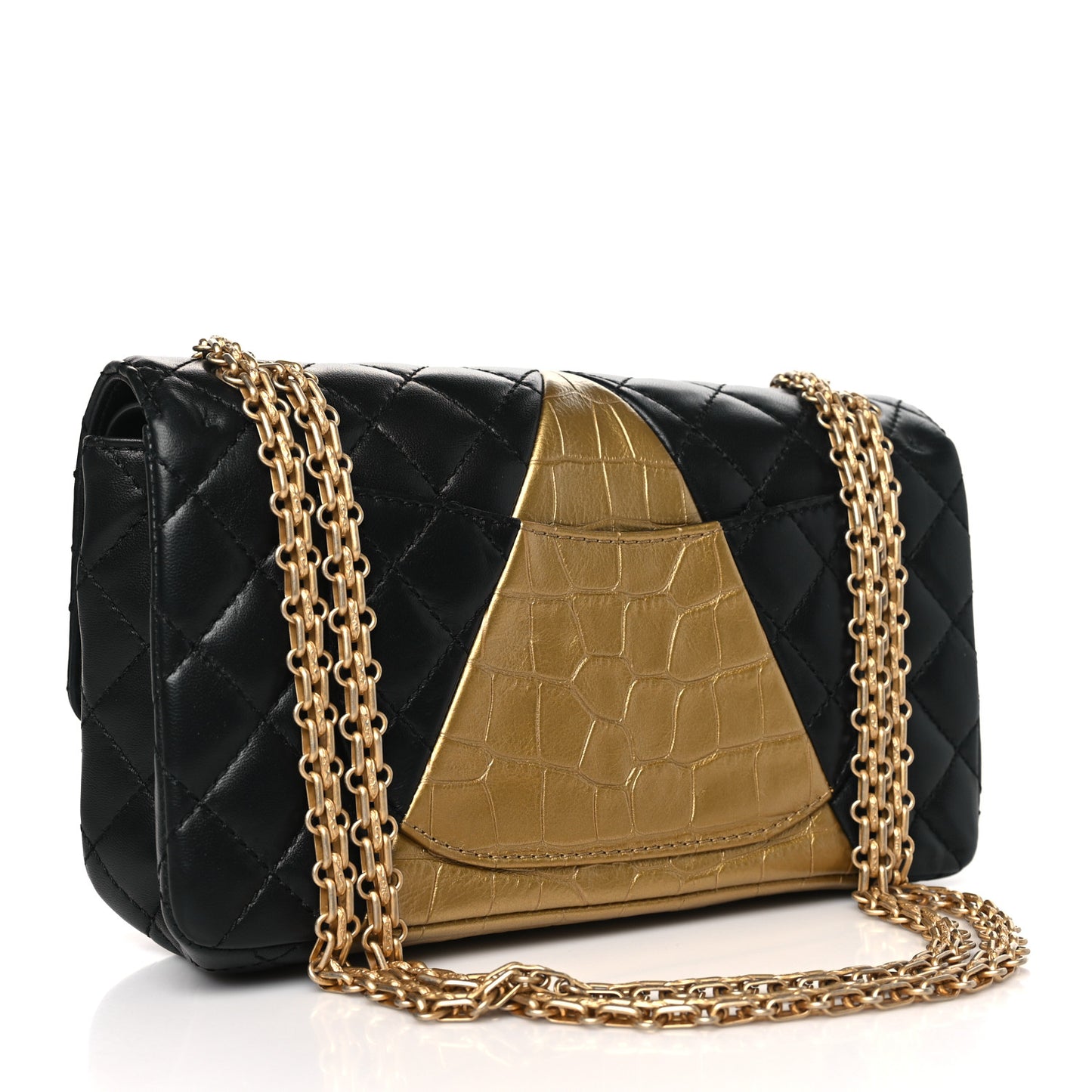 Lambskin Metallic Calfskin Crocodile Embossed 2.55 Cocodile Reissue 225 Flap Black Gold Black Gold