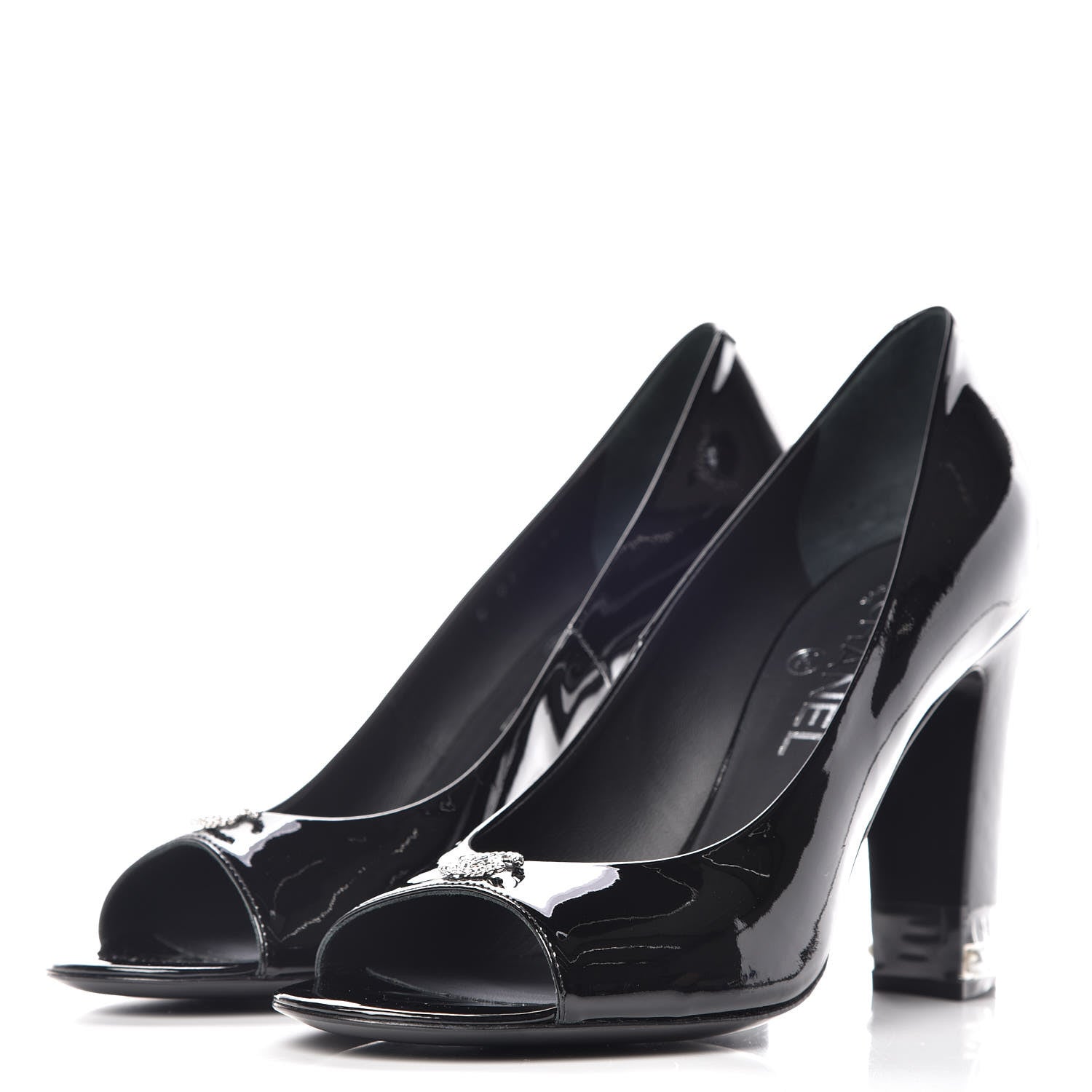 Chanel Patent Pearl Peep Toe CC Pumps 39 Black 3 of 7