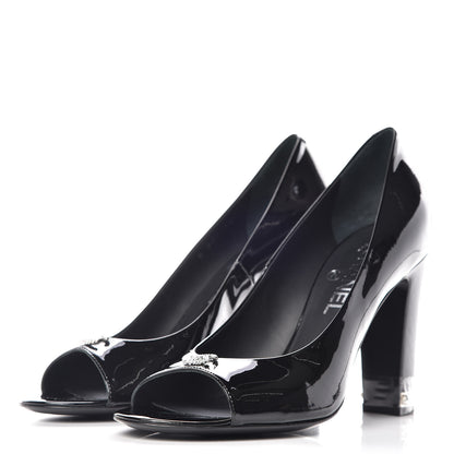 Chanel Patent Pearl Peep Toe CC Pumps 39 Black 3 of 7