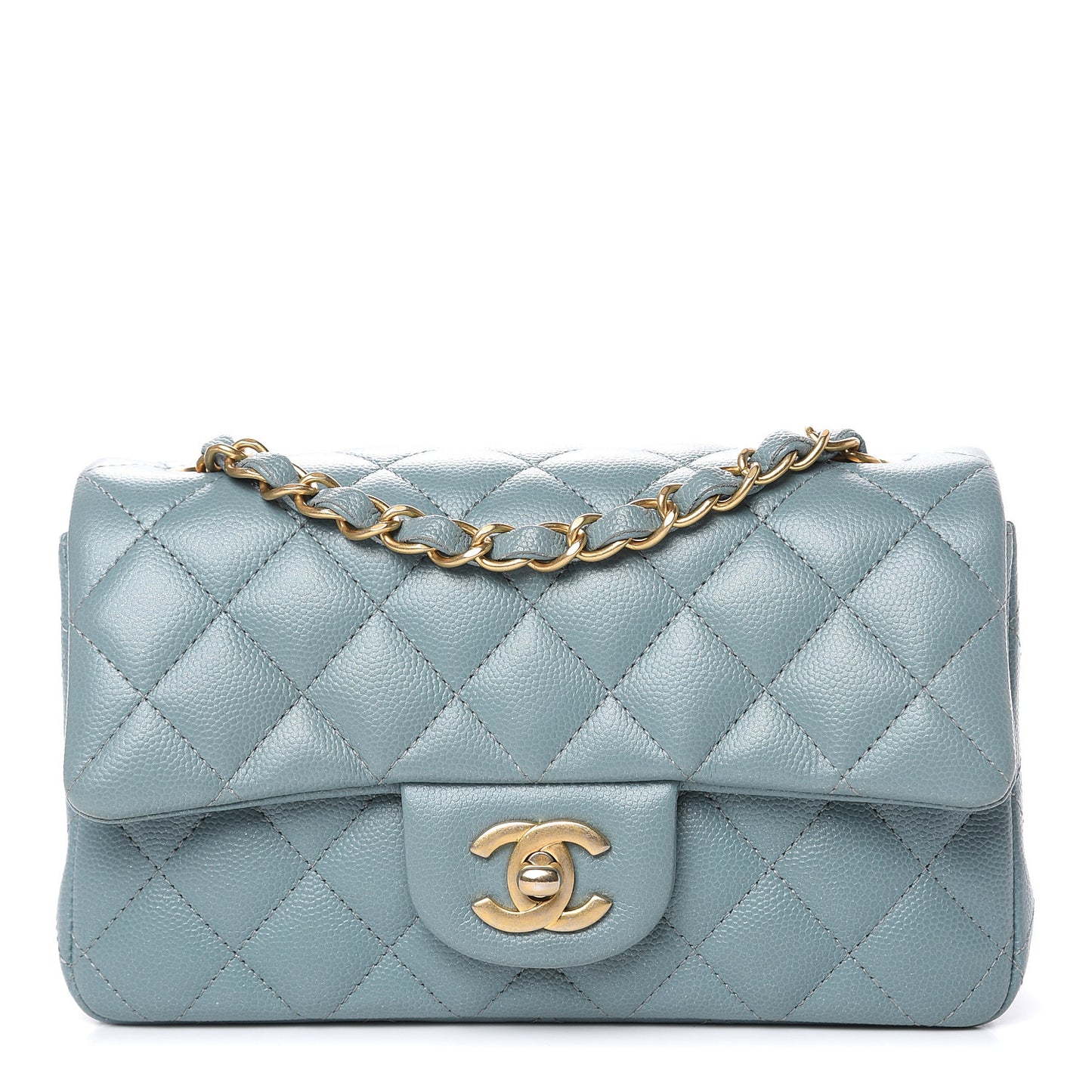 Iridescent Caviar Quilted Mini Rectangular Flap Light Blue