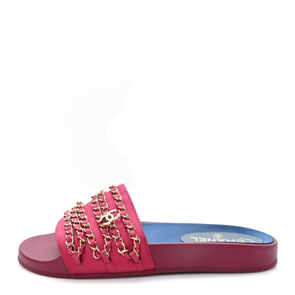 Chanel Satin Canvas Chain Slides Sandals Flats 40 Dark Fuchsia 1 of 9