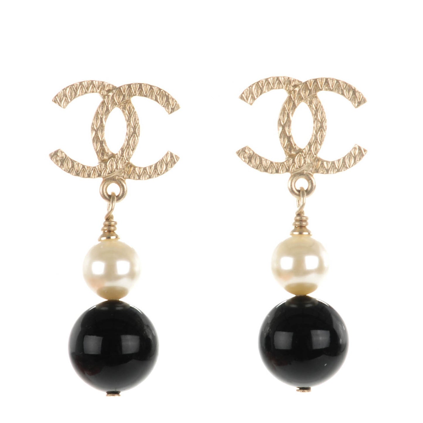 Pearl Bead CC Drop Earrings Black Gold