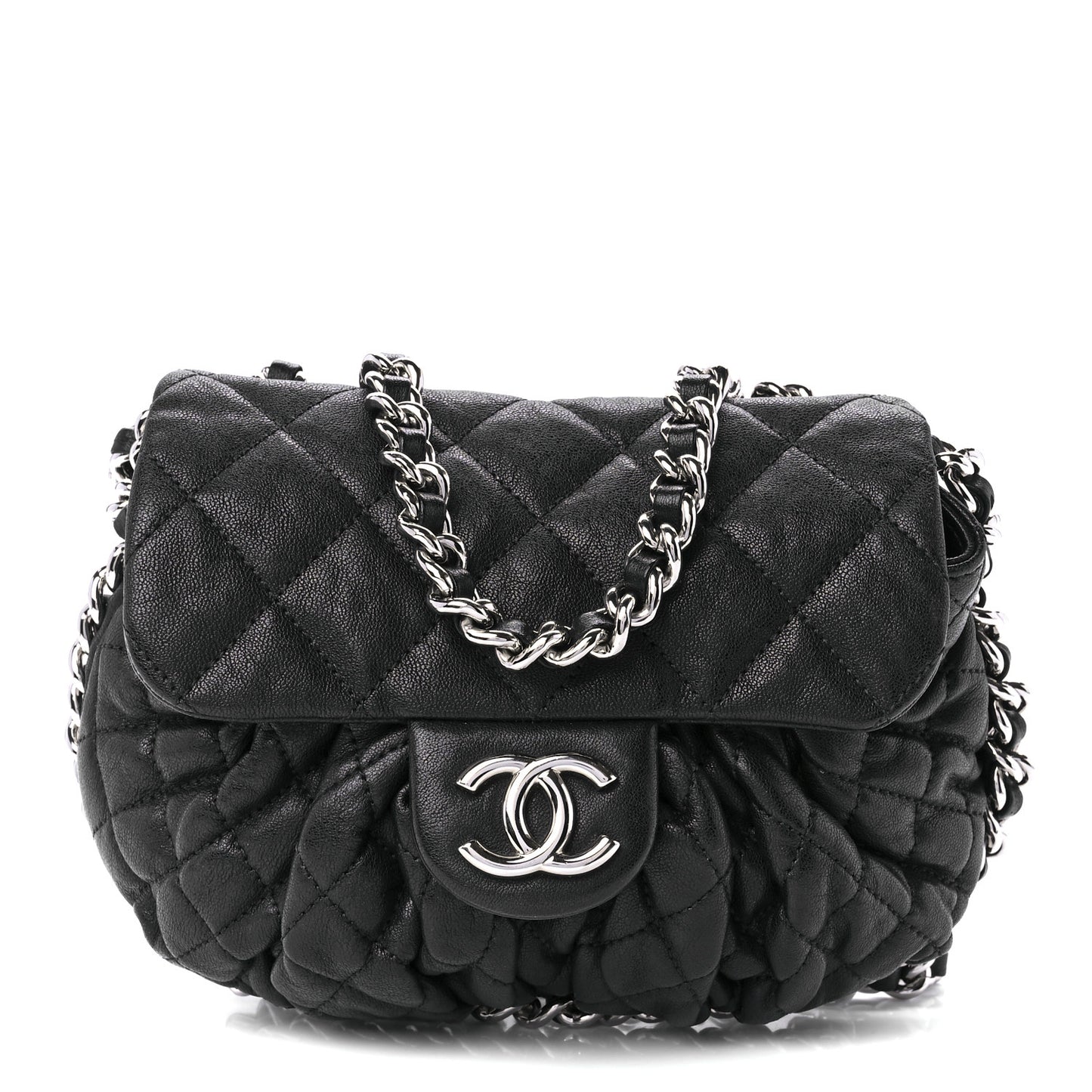 Washed Lambskin Quilted Mini Chain Around Flap Black