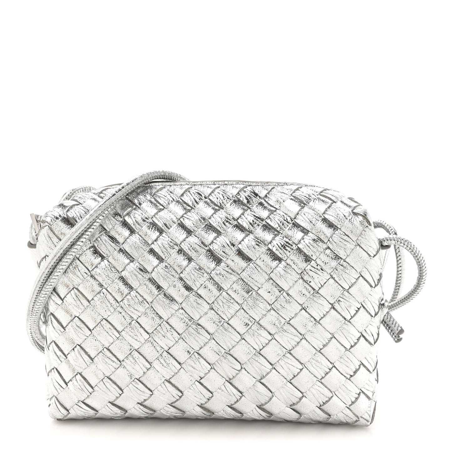 Metallic Calfskin Intrecciato Mini Loop Camera Bag Silver