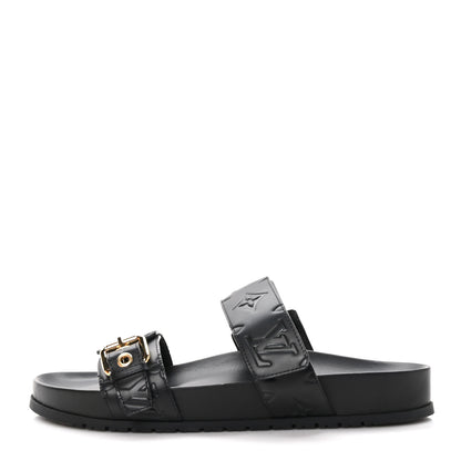 Louis Vuitton Lambskin Embossed Monogram Bom Dia Flat Mule Sandals 38.5 Black 1 of 9