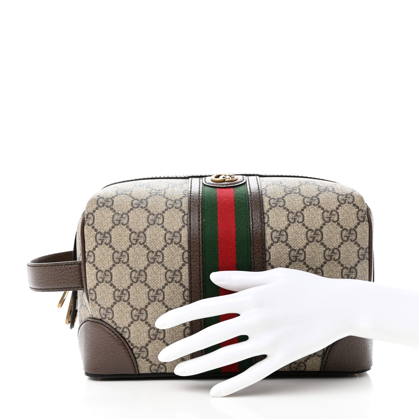 GG Supreme Monogram Textured Dollar Calfskin Web Small Savoy Toiletry Case Beige Ebony