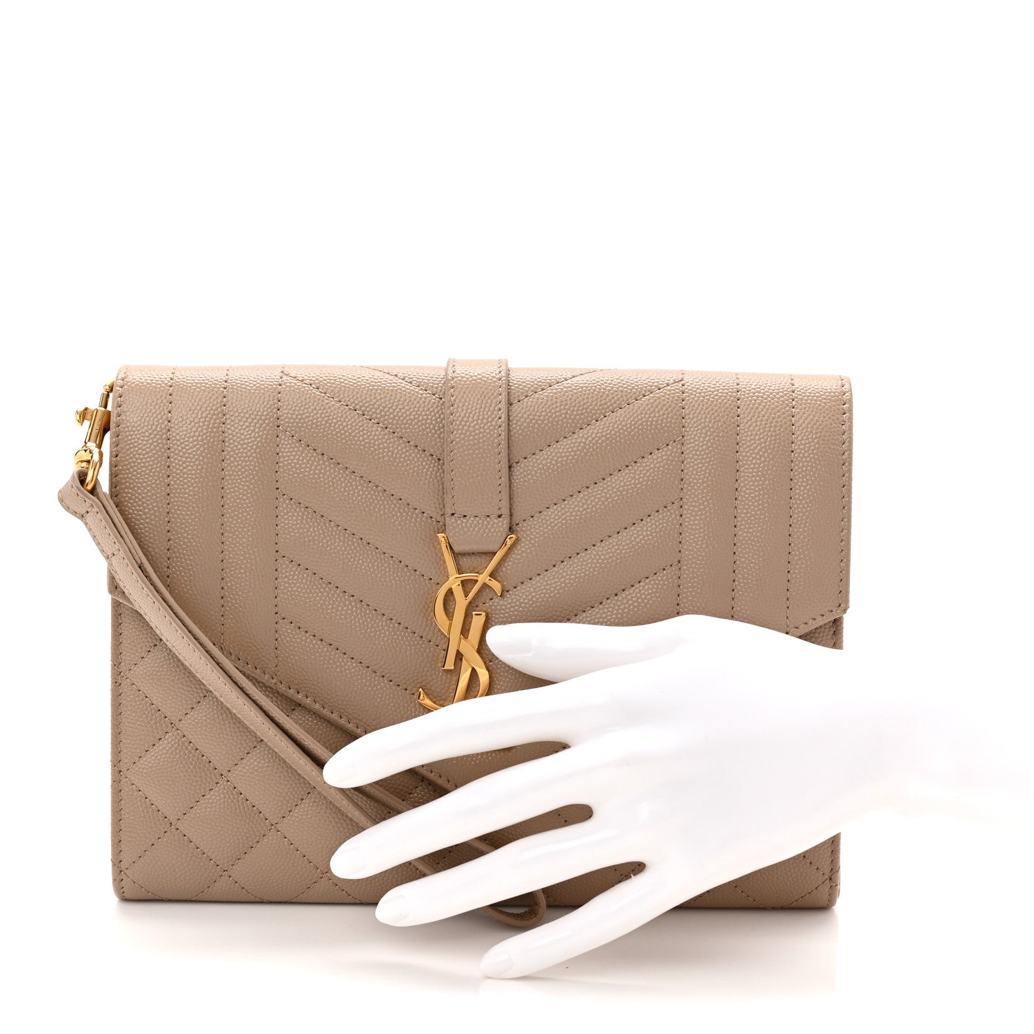 Saint Laurent Grain De Poudre Textured Mixed Matelasse Triquilt Monogram Clutch Dark Beige 2 of 9