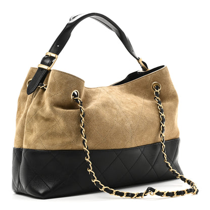 Chanel Suede Calfskin Shiny Lambskin Quilted Small Coco Base Shopping Bag Beige Black 3 of 10