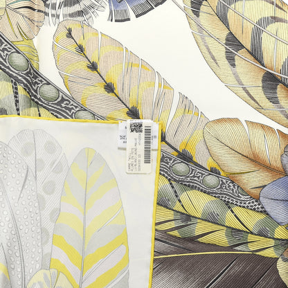 Hermes Silk Plumes En Fete Scarf 90 Blanc Jaune Mauve 5 of 5