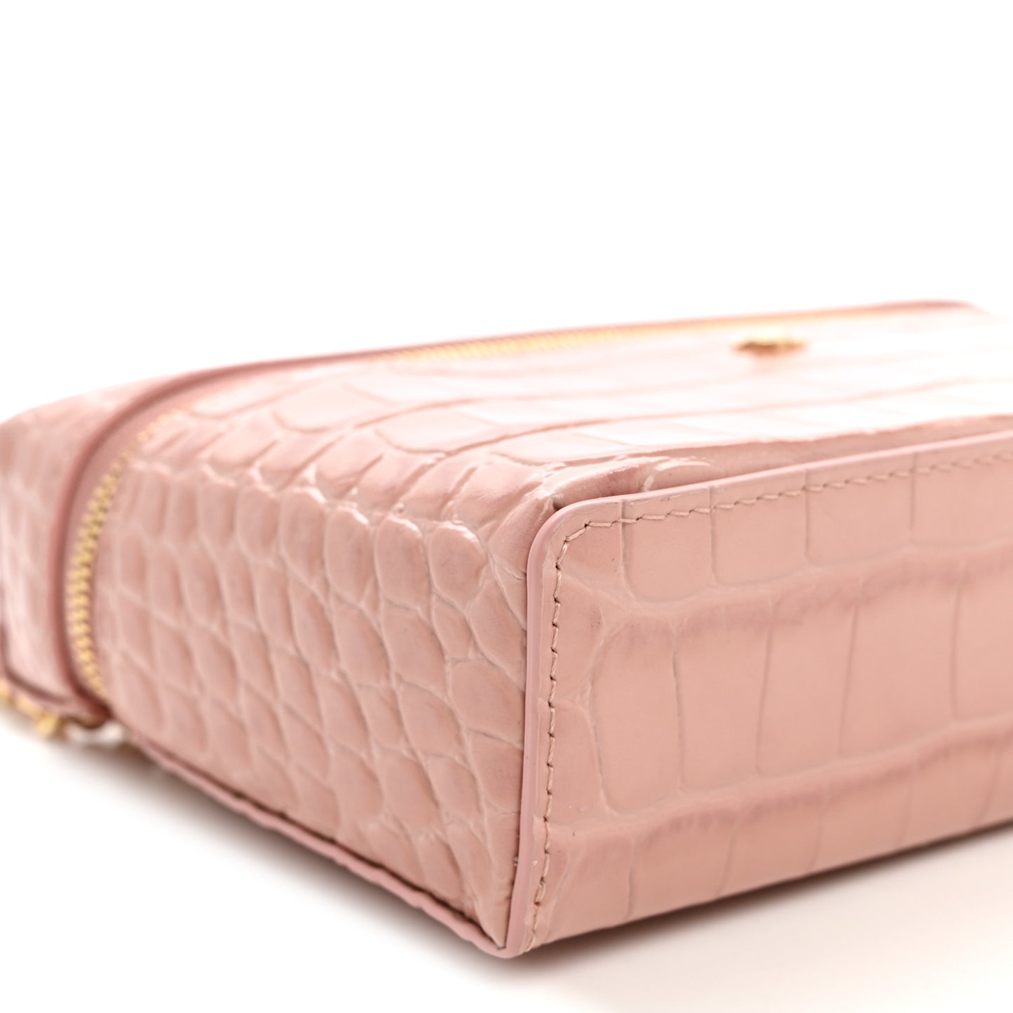 Calfskin Crocodile Embossed Crococo Top Handle Slim Vanity Case With Chain Light Pink