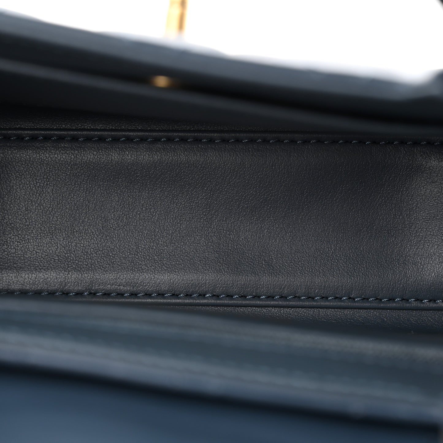 Shiny Aged Calfskin Quilted Nano Kelly Shopper Dark Blue