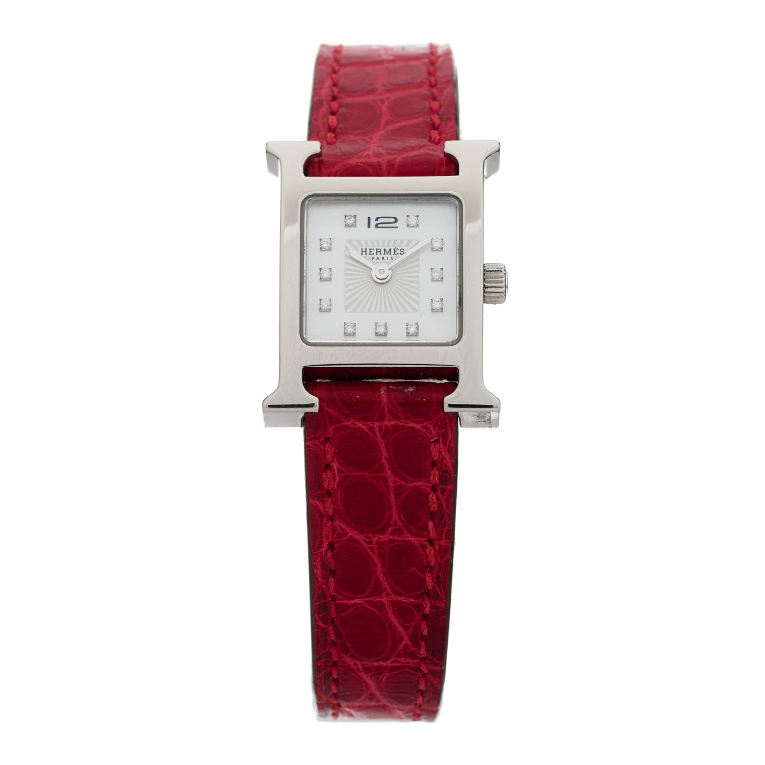 Hermes Stainless Steel Alligator Diamond Mother of Pearl 17.2mm Heure H Hour Quartz Watch Braise 1 of 5